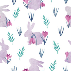 Seamless Easter pattern with bunny and crocus flowers. Vector watercolor illustration - 753012387