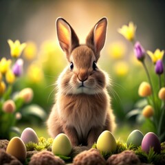 Cute realistic  rabbit surrounded by colorful bright eggs and yellow flowers.   Easter concept.