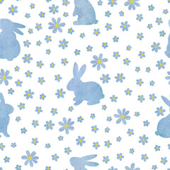 Easter watercolor pattern with bunny silhouettes and flowers. Vector spring background - 753012554