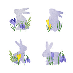 Easter watercolor set with cute rabbits and spring flowers. Vector illustration