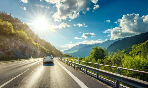 Open road with a scenic photo of a car driving on a European highway, surrounded by beautiful summer landscapes