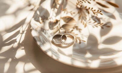 Wedding ring photo by placing them on white plate, with artistic shadows