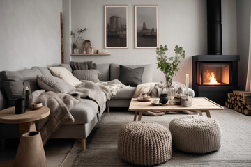 Inviting and comfortable, this Scandinavian-inspired living room features a mix of textures and cozy furnishings.