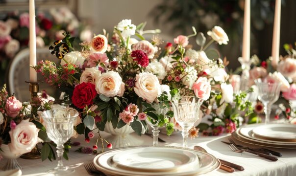 Beauty of a table set for a party or wedding reception, complete with exquisite flower decorations