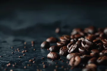 Poster Grains of fresh roasted coffee close-up against a dark background. Coffee beans texture © Straxer