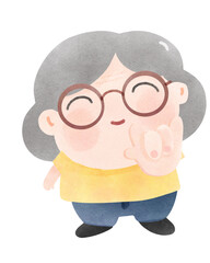 watercolor clipart_grandma_wearing yellow shirt_blond short hair_blue jeans_love hand_illustration