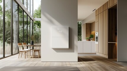 A minimalist composition highlighting the elegance of a compact, wall-mounted energy storage unit seamlessly integrated into a modern kitchen design.