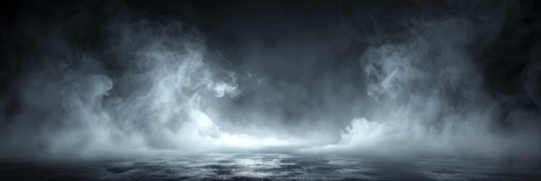 white smoke on dark black background , ark blue room background with smoke and floor, Dark empty scene, blue neon searchlight light, smoke, night view, rays.