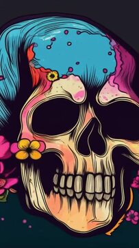 Animation of a colored skull with flowers growing out of it