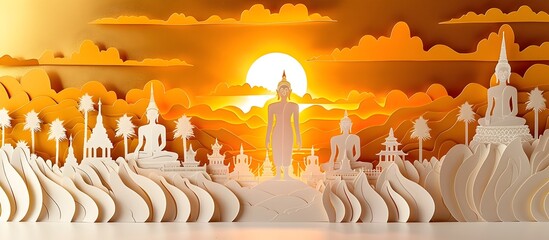 3D Paper Art of Buddha and Sun Worships at Sunset, To provide a unique and artistic representation of religious iconography, nature, and minimalism,