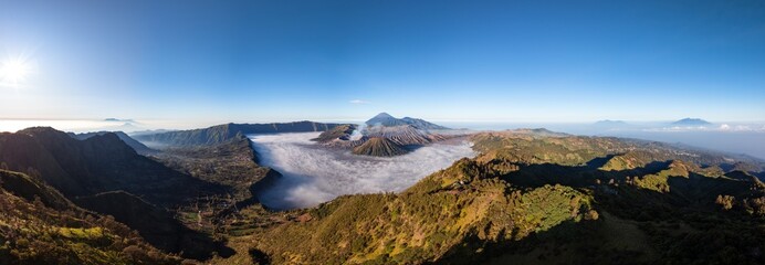 Panorama of Bromo volcano at sunrise, East Java, Indonesia,aerial view from drone