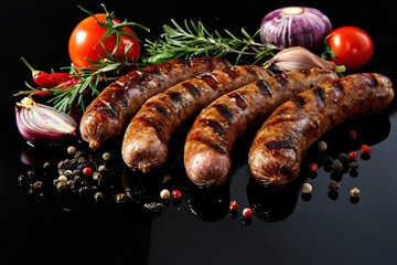 Grilled sausages with vegetables and spices on black background 