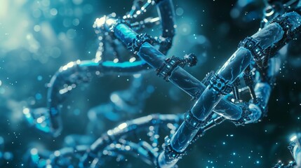 DNA double helix being intertwined with high-tech robotic arms implying a blend of biology and technology.