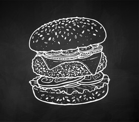 Chalk drawing of burger sandwich fast food meal with cutlet and cheese. Vector line art illustration on chalkboard background.