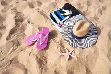 Summer beach still life background with copy space on sand