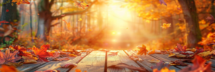 empty wooden in autumn,  empty wood table on blurred natural autumn flower background with sunlight ,bokeh light, empty space, product display,banner