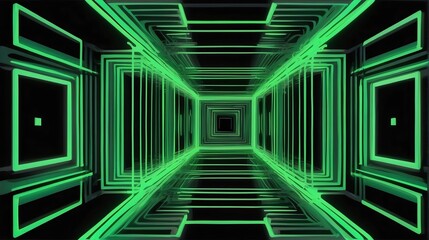 Holographic vibrant green neon concentric squares on plain black background from Generative AI