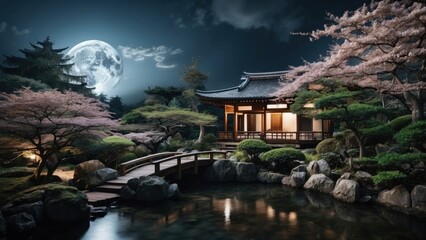 Fototapeta premium Enchanting atmosphere when you are looking at the full moon in the night sky, surrounded by the beauty of the Japanese garden