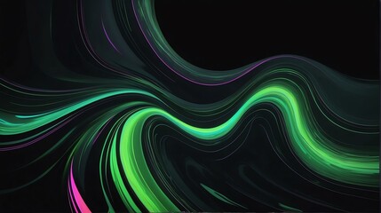 Holographic vibrant green neon swirling wave shape liquid on plain black background from Generative AI
