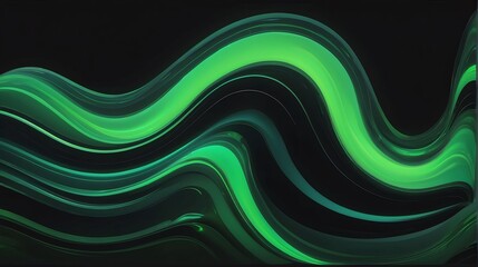 Holographic vibrant green neon swirling wave shape liquid on plain black background from Generative AI
