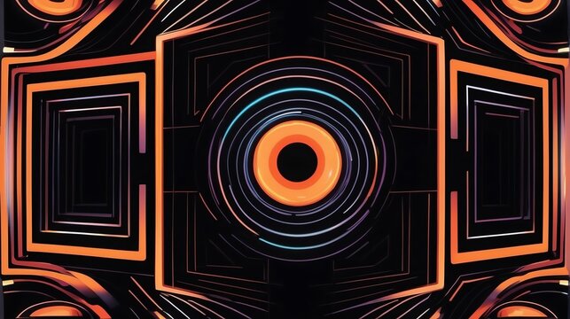 Holographic vibrant orange neon concentric squares on plain black background from Generative AI