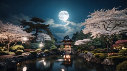 Enchanting atmosphere when you are looking at the full moon in the night sky, surrounded by the beauty of the Japanese garden - obrazy, fototapety, plakaty