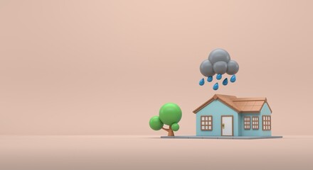 House with heavy cloud, cloudy weather, cloud with rain (3d illustration)