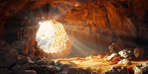 stone rocky empty cave tomb and light rays easter Generative AI - obrazy, fototapety, plakaty