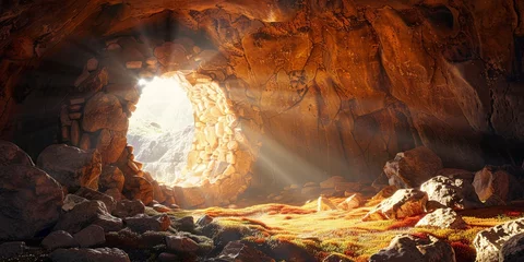 Foto op Canvas stone rocky empty cave tomb and light rays easter Generative AI © València