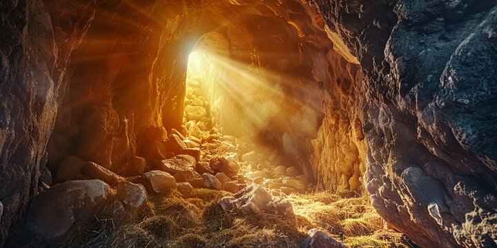 stone rocky empty cave tomb and light rays easter Generative AI