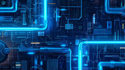 Digital Nexus: Cybernetic Industrial Complex in Neon Tech Style - 753016119