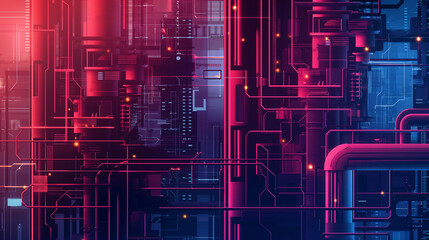 Digital Nexus: Cybernetic Industrial Complex in Neon Tech Style - 753016122
