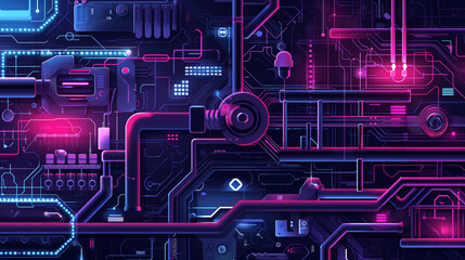 Digital Nexus: Cybernetic Industrial Complex in Neon Tech Style - 753016139