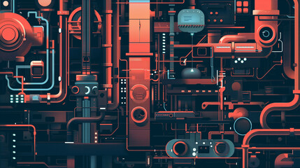 Digital Nexus: Cybernetic Industrial Complex in Neon Tech Style - 753016144