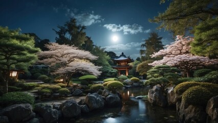 Fototapeta na wymiar Enchanting atmosphere when you are looking at the full moon in the night sky, surrounded by the beauty of the Japanese garden