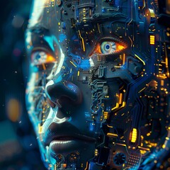 AI robot on abstract background, side view of humanoid cyborg head and light of mind. Futuristic innovation in world of technology. Concept of science, digital art, future.
