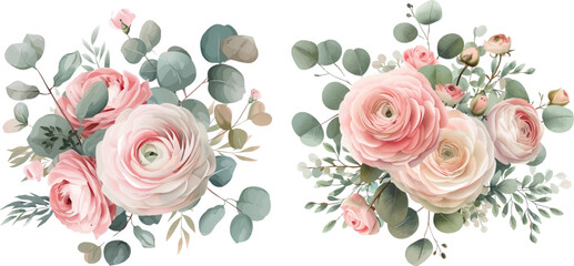 Nude pink ranunculus, eucalyptus vector design bouquet - obrazy, fototapety, plakaty