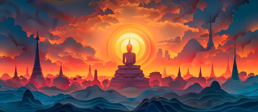 Colorful Buddha Statue in Sunset Landscape, To evoke feelings of peace, tranquility, and spirituality, making it an ideal choice for travel, nature,