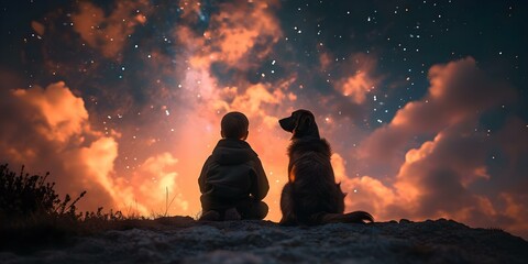 A boy sits with his dog on a hill gazing at a starfilled sky. Concept Nature, Friendship, Starry Night, Curiosity, Companionship