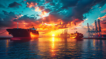 Twilight Harbor, Where Industry Meets the Sea, A Canvas of Cargo Under the Setting Suns Glow - obrazy, fototapety, plakaty