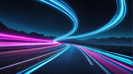 Warp speed blue neon lights motion on a winding curved road from Generative AI - obrazy, fototapety, plakaty