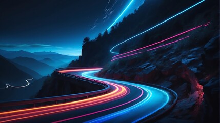 Warp speed blue neon lights motion on a winding curved road at the side of a mountain cliff from Generative AI - obrazy, fototapety, plakaty