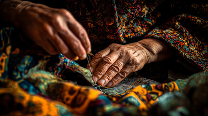 Closeup of hands with an old woman sewing fabric in the traditional way - obrazy, fototapety, plakaty