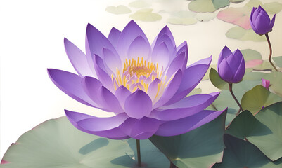 Purple lotus flowers in bloom on branches in garden. Bouquet of flower watercolor painting. Beautiful flower. Lovely flower. Branch of Purple lotus  flower bouquet . Banner.