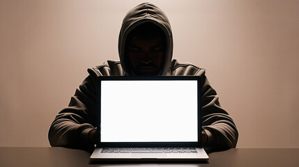 Hacker in a hoodie with a laptop, a white screen mock up for your design or text on a beige background - Powered by Adobe