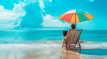 A man sitting on a beach chair with a laptop under a colorful umbrella and looking at the sea view, vacation concept banner background - obrazy, fototapety, plakaty