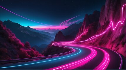 Warp speed pink neon lights motion on a winding curved road at the side of a mountain cliff from Generative AI - obrazy, fototapety, plakaty