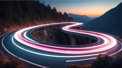 Warp speed white neon lights motion on a winding curved road at the side of a mountain cliff from Generative AI - obrazy, fototapety, plakaty