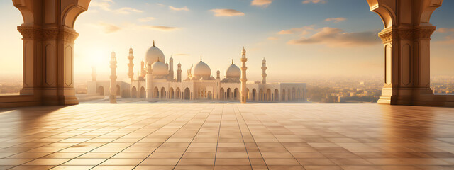 A spacious backdrop tailored for text, showcasing a grand mosque as the centerpiece - obrazy, fototapety, plakaty
