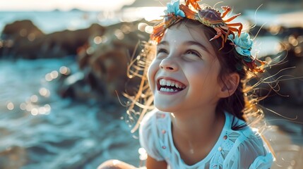 Smiling Child Wearing Flower Crown on Beach, To convey a sense of youthful joy and natural beauty, perfect for promoting travel, leisure, or